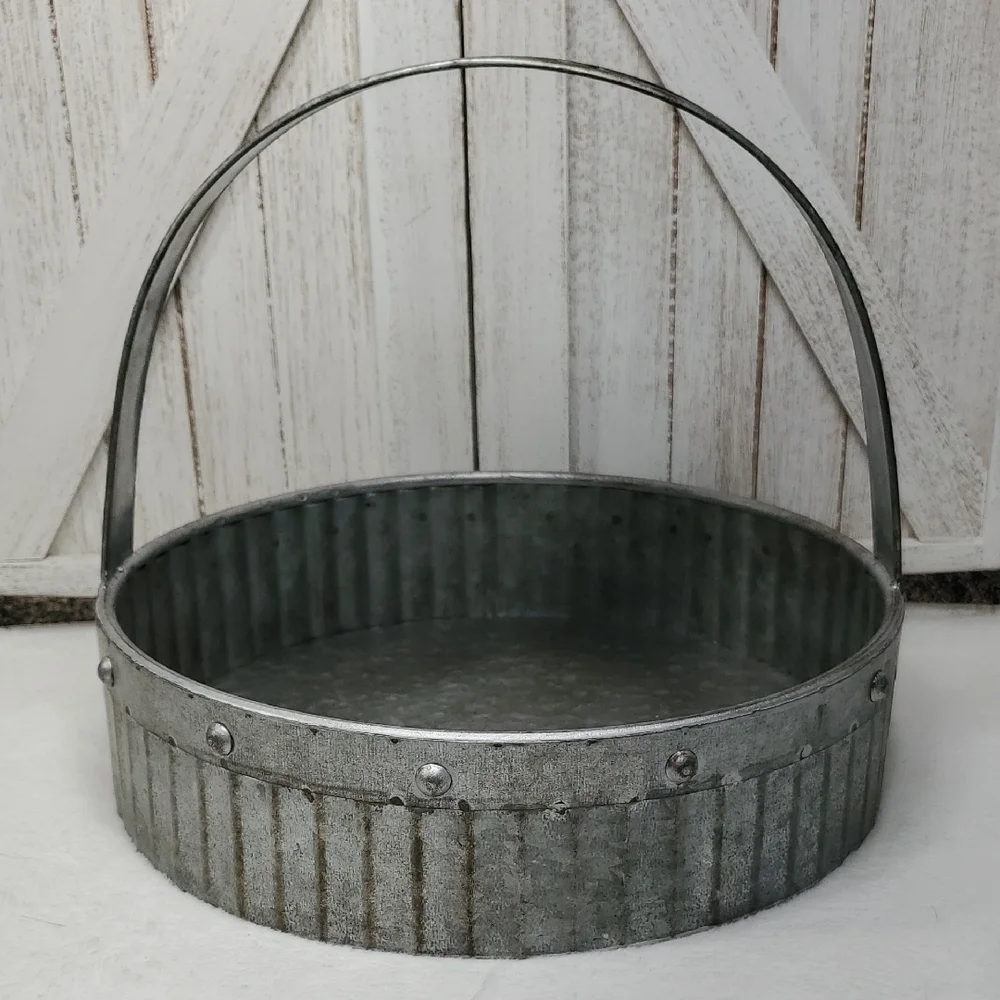 Galvanized Metal Round Basket with Handle Farmhouse Country Decor
